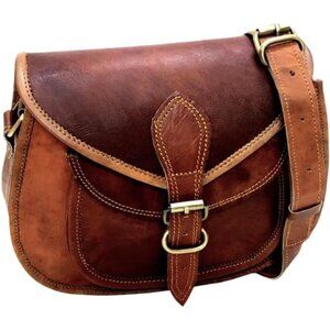 Women Vintage Style Genuine Brown Leather Crossbody Satchel Bag